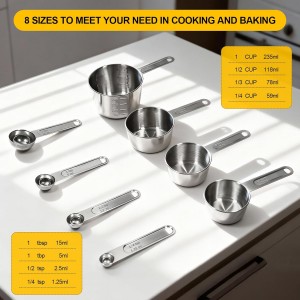 Stainless Steel Measuring Cups and Spoons Set, 8 PCS Long Handle Measure Cups and Spoons Premium Stackable Measuring Cups for Kitchen Cooking & Baking, Dry & Liquid Dishwasher Safe
