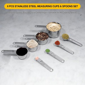 Stainless Steel Measuring Cups and Spoons Set, 8 PCS Long Handle Measure Cups and Spoons Premium Stackable Measuring Cups for Kitchen Cooking & Baking, Dry & Liquid Dishwasher Safe