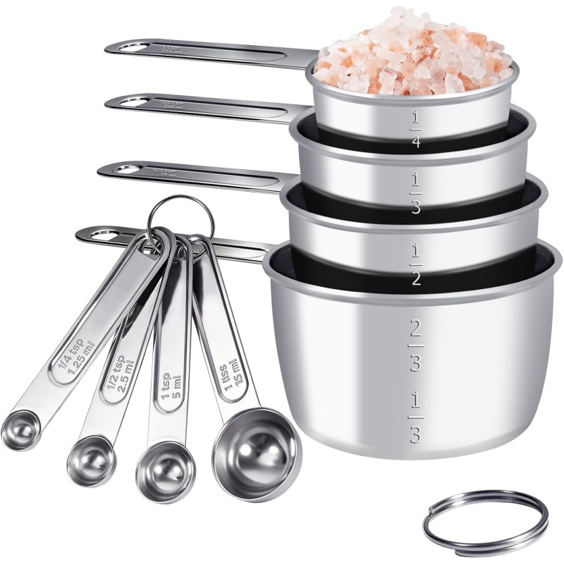 Stainless Steel Measuring Cups and Spoons Set, 8 PCS Long Handle Measure Cups and Spoons Premium Stackable Measuring Cups for Kitchen Cooking & Baking, Dry & Liquid Dishwasher Safe