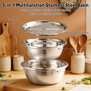 Multifunctional Stainless Steel Basin,10.24In 3 in 1 Multifunctional Stainless Steel Basin Strainer Set with Grater, Strainer&Drain Basket,Suitable for shredding, washing and mixing