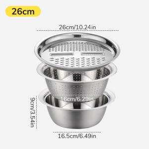 Multifunctional Stainless Steel Basin,10.24In 3 in 1 Multifunctional Stainless Steel Basin Strainer Set with Grater, Strainer&Drain Basket,Suitable for shredding, washing and mixing