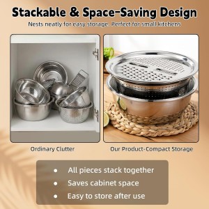 Multifunctional Stainless Steel Basin,10.24In 3 in 1 Multifunctional Stainless Steel Basin Strainer Set with Grater, Strainer&Drain Basket,Suitable for shredding, washing and mixing
