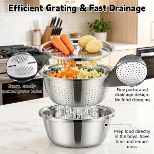 Multifunctional Stainless Steel Basin,10.24In 3 in 1 Multifunctional Stainless Steel Basin Strainer Set with Grater, Strainer&Drain Basket,Suitable for shredding, washing and mixing