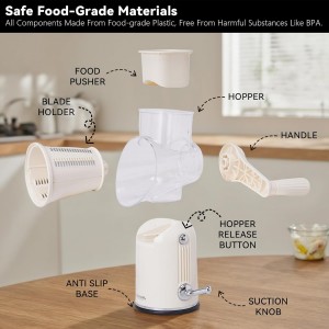 5 in 1 Rotary Cheese Grater Vegetable Slicer with Handle - Upgraded Hand Crank Cheese Grater with Handle and Strong Suction Base, Multi-Purpose Slicer with 5 Well-Designed Blades (White)