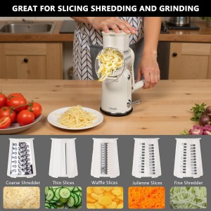 5 in 1 Rotary Cheese Grater Vegetable Slicer with Handle - Upgraded Hand Crank Cheese Grater with Handle and Strong Suction Base, Multi-Purpose Slicer with 5 Well-Designed Blades (White)