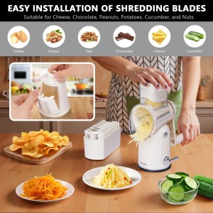 5 in 1 Rotary Cheese Grater Vegetable Slicer with Handle - Upgraded Hand Crank Cheese Grater with Handle and Strong Suction Base, Multi-Purpose Slicer with 5 Well-Designed Blades (White)