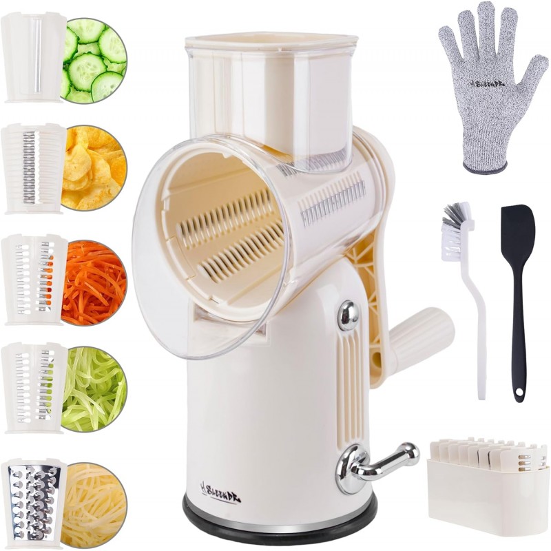 5 in 1 Rotary Cheese Grater Vegetable Slicer with Handle - Upgraded Hand Crank Cheese Grater with Handle and Strong Suction Base, Multi-Purpose Slicer with 5 Well-Designed Blades (White)