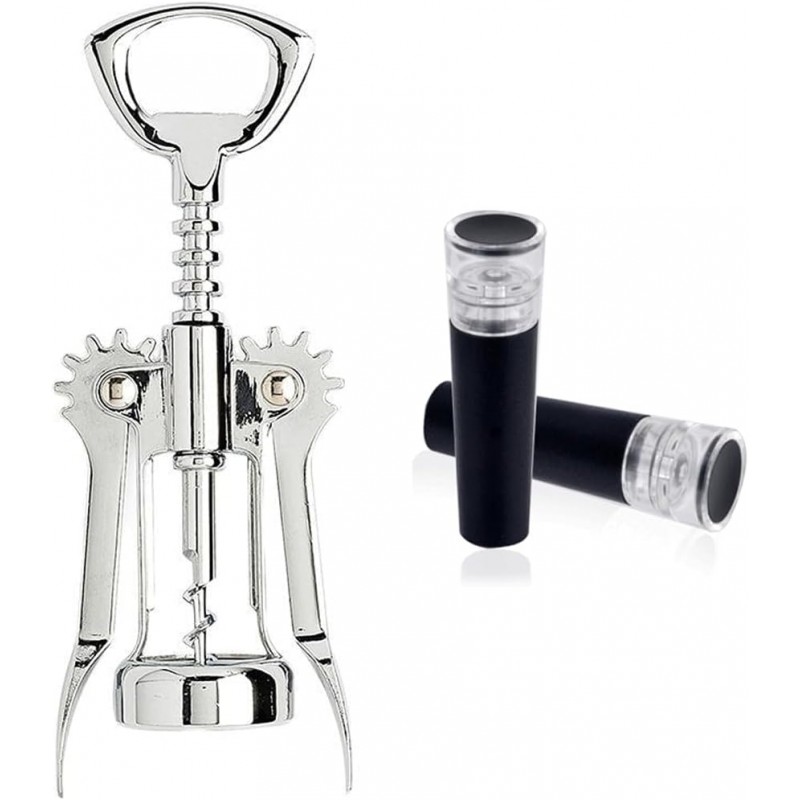 Wing Corkscrew Wine Opener Set, Zinc Alloy Manual with Built-in Cap Opener and 2 Vacuum Stoppers, Stainless Steel, Heavy Duty, 7-Inch