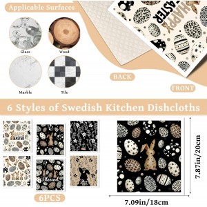 Easter Swedish Dishcloths for Kitchen, 6 Pack Reusable Black Bunny Eggs Dish Cloths Towels, Absorbent Rabbit Floral Sponge Cleaning Towel Wipes for Spring Kitchen Cooking Home Decoration Gift