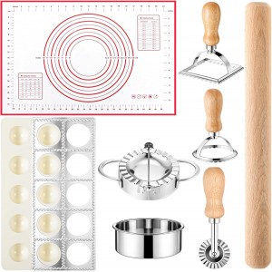 8 Pcs Ravioli Mold Set Ravioli Maker Press with Cutter, Wood Rolling Pin, Non Stick Pastry Mat, Pasta Stamp for Pasta Dumpling Meat Pie