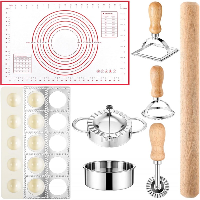 8 Pcs Ravioli Mold Set Ravioli Maker Press with Cutter, Wood Rolling Pin, Non Stick Pastry Mat, Pasta Stamp for Pasta Dumpling Meat Pie