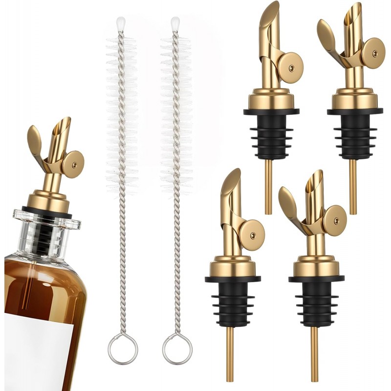 4 PCS Olive Oil Spout, Oil Spout for Olive Oil Bottle, Stainless Steel Self Closing Bottle Pourers, Weighted Oil Dispenser with Funnel and Brush for Wine, Vinegar, Syrup, Kitchen and Bar