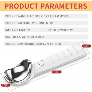 Heated Ice Cream Scoop Rechargeable Electric Scooper 2 Temperature Settings113°F-158°F, Zinc Alloy Rust-Proof Easy to Clean Waterproof, Kitchen Gadget for Hard Ice Cream Gelato,White