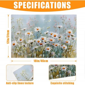 Retro White Daisy Floral Placemats Set of 6,12 x 18 Inch Table Mats Washable Heat Resistant Linen Fabric Rectangle Place Mat for Party Home Kitchen Dining
