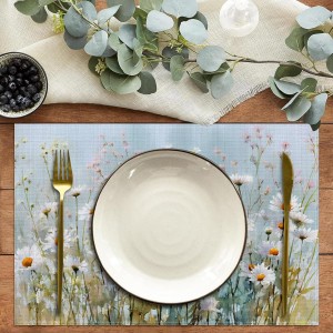 Retro White Daisy Floral Placemats Set of 6,12 x 18 Inch Table Mats Washable Heat Resistant Linen Fabric Rectangle Place Mat for Party Home Kitchen Dining