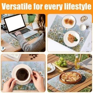 Retro White Daisy Floral Placemats Set of 6,12 x 18 Inch Table Mats Washable Heat Resistant Linen Fabric Rectangle Place Mat for Party Home Kitchen Dining