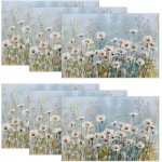 Retro White Daisy Floral Placemats Set of 6,12 x 18 Inch Table Mats Washable Heat Resistant Linen Fabric Rectangle Place Mat for Party Home Kitchen Dining