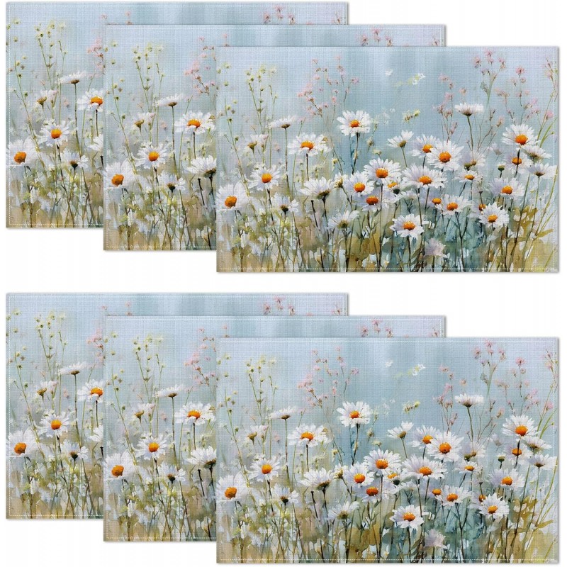 Retro White Daisy Floral Placemats Set of 6,12 x 18 Inch Table Mats Washable Heat Resistant Linen Fabric Rectangle Place Mat for Party Home Kitchen Dining
