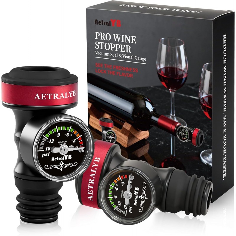 2 Pack Wine Vacuum Saver Sealer with Real-Time Pressure Gauge, Reusable Bottle Stoppers for Red & White Wine Preservation - Airtight Seal, Keep Fresh 5X Longer (Includes Hand Pump)