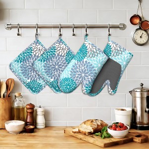 Vintage Blue Flowers Oven Mitts Pot Holders 4 Set Silicone Kitchen Oven Mitts Heat Resistant Potholders Non-Slip Hot Pads and Oven Gloves Sets