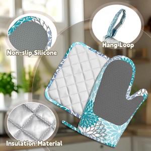 Vintage Blue Flowers Oven Mitts Pot Holders 4 Set Silicone Kitchen Oven Mitts Heat Resistant Potholders Non-Slip Hot Pads and Oven Gloves Sets
