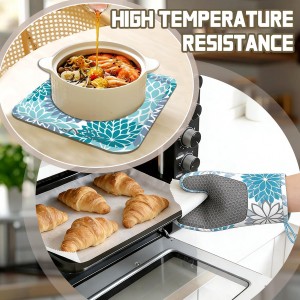 Vintage Blue Flowers Oven Mitts Pot Holders 4 Set Silicone Kitchen Oven Mitts Heat Resistant Potholders Non-Slip Hot Pads and Oven Gloves Sets