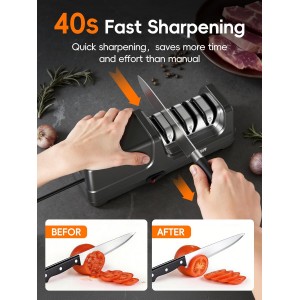 Electric Knife Sharpener, 3-Stage Diamond Knife Sharpener for Kitchen Knives 20-Degree Angle, 40S Quick Sharpening & Polishing for Chef, Santoku, Ceramic Knives, Easy to Use for Beginners, Black