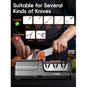 Electric Knife Sharpener, 3-Stage Diamond Knife Sharpener for Kitchen Knives 20-Degree Angle, 40S Quick Sharpening & Polishing for Chef, Santoku, Ceramic Knives, Easy to Use for Beginners, Black