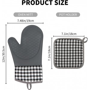 Tifanso Plaid Oven Mitts and Pot Holders 4-Piece Set, Oven Mitts Gloves Heat Resistant with Non-Slip Silicone Surface for Cooking Baking Grilling, Cotton Pot Holders Pads for Kitchen Cooking (Grey)