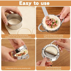 8Pcs Dumpling Maker Set, Stainless Steel Empanada Maker Press with Rolling Pin and Stuffing Scoop, Dough Cutter Dumpling Mold for Ravioli Pierogi Calzone, 3 Sizes