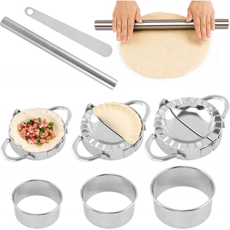 8Pcs Dumpling Maker Set, Stainless Steel Empanada Maker Press with Rolling Pin and Stuffing Scoop, Dough Cutter Dumpling Mold for Ravioli Pierogi Calzone, 3 Sizes
