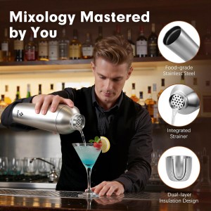 Cocktail Shaker Set, Vacuum Insulated Stainless Steel Martini Shaker Set, Portable Travel Bartender Kit with Bartender Accessory Tools, 25.4oz, Silver