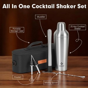 Cocktail Shaker Set, Vacuum Insulated Stainless Steel Martini Shaker Set, Portable Travel Bartender Kit with Bartender Accessory Tools, 25.4oz, Silver
