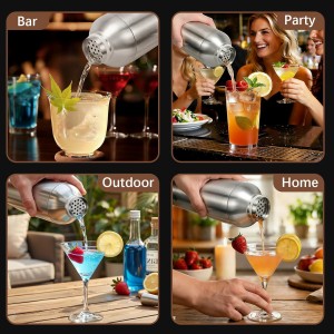 Cocktail Shaker Set, Vacuum Insulated Stainless Steel Martini Shaker Set, Portable Travel Bartender Kit with Bartender Accessory Tools, 25.4oz, Silver