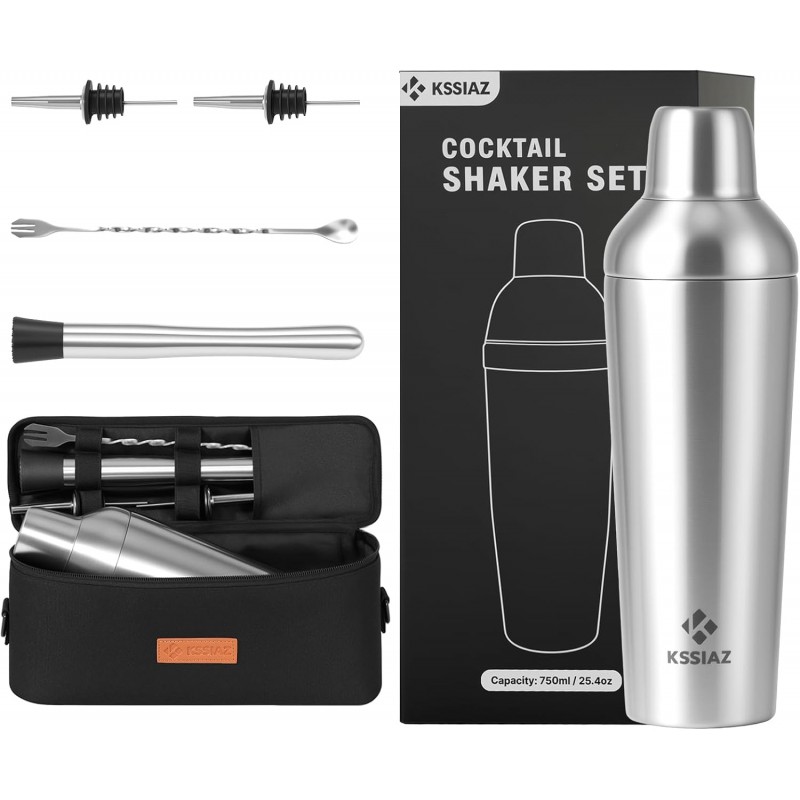 Cocktail Shaker Set, Vacuum Insulated Stainless Steel Martini Shaker Set, Portable Travel Bartender Kit with Bartender Accessory Tools, 25.4oz, Silver