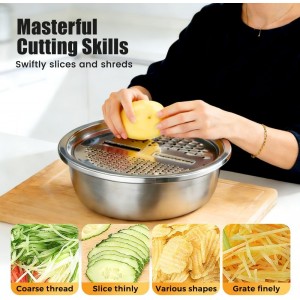 Germany Multifunctional Stainless Steel Basin, 2026 New 3 in 1 Multifunctional Stainless Steel Basin Strainer Set with Grater, Strainer Drain Basket for Rinsing Draining Mixing (S (10.24in))