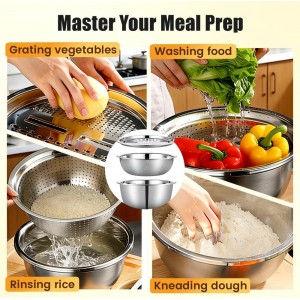 Germany Multifunctional Stainless Steel Basin, 2026 New 3 in 1 Multifunctional Stainless Steel Basin Strainer Set with Grater, Strainer Drain Basket for Rinsing Draining Mixing (S (10.24in))