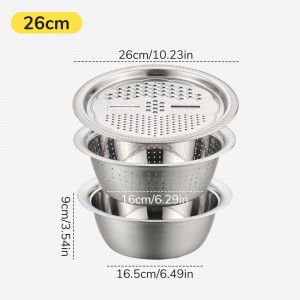 Germany Multifunctional Stainless Steel Basin, 2026 New 3 in 1 Multifunctional Stainless Steel Basin Strainer Set with Grater, Strainer Drain Basket for Rinsing Draining Mixing (S (10.24in))