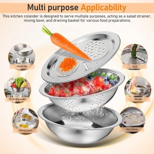 Stainless Steel Mixing Bowls Set, Grating Bowl, 3 in 1 Multifunctional Stainless Steel Basin Strainer Set with Grater, Strainer Drain Basket for Rinsing Draining Mixing (10.2