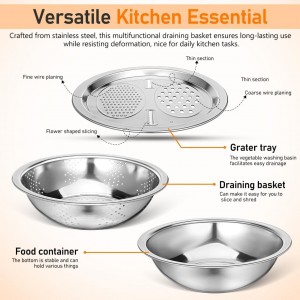 Stainless Steel Mixing Bowls Set, Grating Bowl, 3 in 1 Multifunctional Stainless Steel Basin Strainer Set with Grater, Strainer Drain Basket for Rinsing Draining Mixing (10.2
