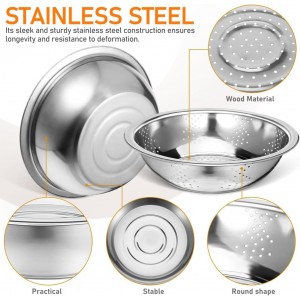 Stainless Steel Mixing Bowls Set, Grating Bowl, 3 in 1 Multifunctional Stainless Steel Basin Strainer Set with Grater, Strainer Drain Basket for Rinsing Draining Mixing (10.2