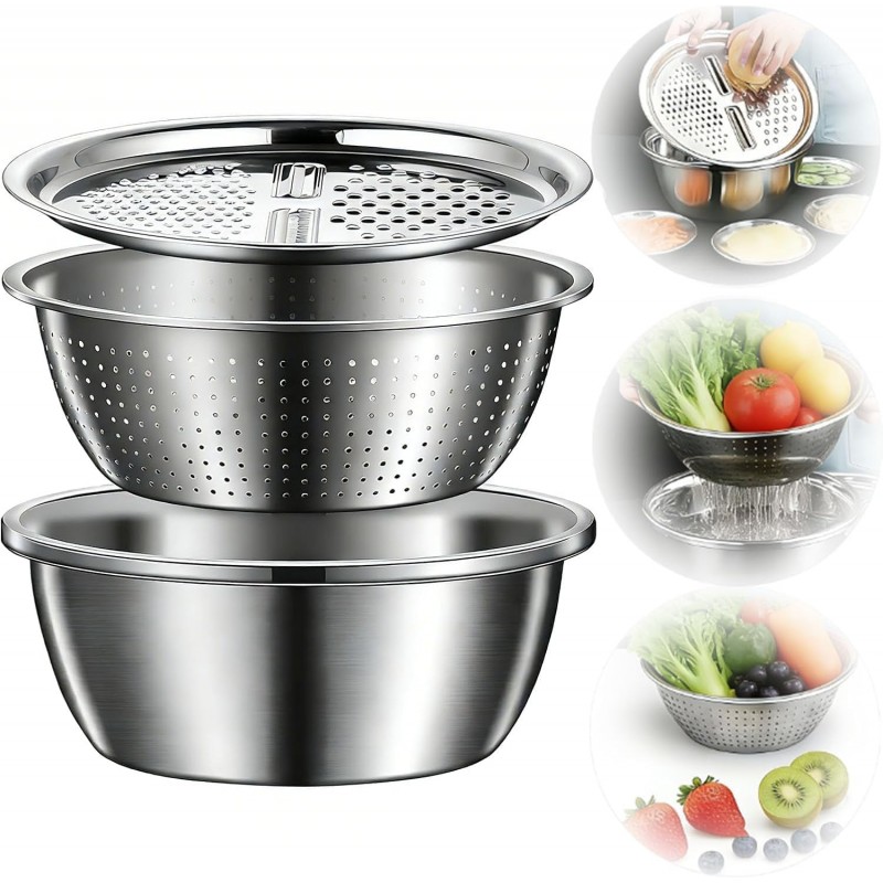 Stainless Steel Mixing Bowls Set, Grating Bowl, 3 in 1 Multifunctional Stainless Steel Basin Strainer Set with Grater, Strainer Drain Basket for Rinsing Draining Mixing (10.2