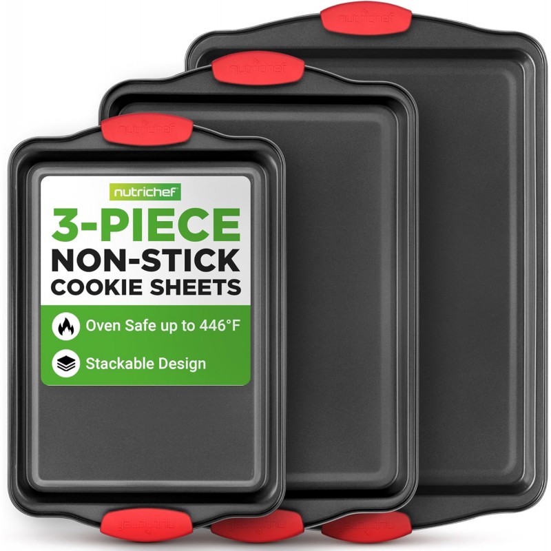 NutriChef 3-Piece Cookie Sheets for Baking, Non-Stick Baking Pans Set with Silicone Handles, Stackable Oven Trays in Small, Medium & Large Sizes for Professional and Everyday Use, 2026 Edition
