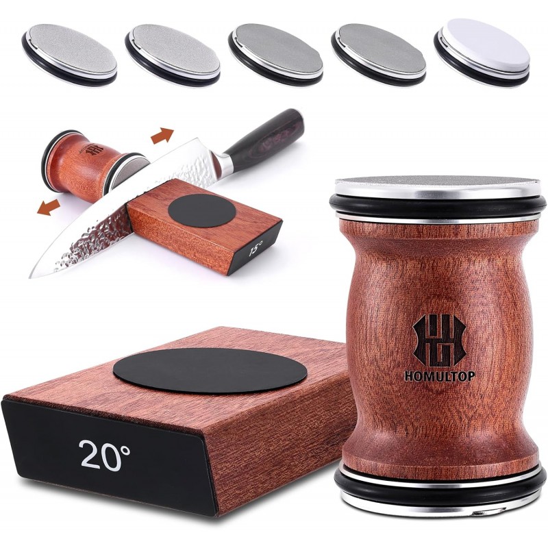 Rolling Knife Sharpener Kit, Kitchen Knife Sharpener with Replaceable Discs Diamond & Ceramic Knife Sharpeners Roller, Magnetic Knife Sharpening Kit with 15 & 20 Degree Base, Afilador De Cuchillos