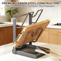 Kitchen Pot Lid Storage Rack, Stainless Steel Pot Lid Holder With Tray, Lid Holder While Cooking, Lid And Spoon Rest, Multifunctional Kitchen Organizer Stand for Stove Top (Gray, Double-layer)