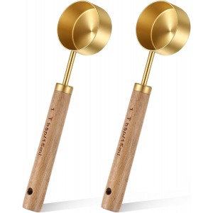 2Pcs Coffee Scoop, Gold Stainless Steel 1 Teaspoon Scoop Wood Long Handle Coffee Measuring Scoops for Coffees, Tea (15ML, 6 Inch)