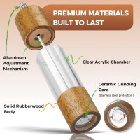 2-Pack Wooden Salt and Pepper Grinder Set - 8 Inch Manual Adjustable Ceramic Grinding, Refillable Acrylic Salt and Pepper Grinder Set, Custom Coarse to Fine Settings, for Home Dining & Gifts