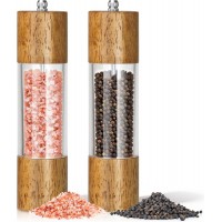 2-Pack Wooden Salt and Pepper Grinder Set - 8 Inch Manual Adjustable Ceramic Grinding, Refillable Acrylic Salt and Pepper Grinder Set, Custom Coarse to Fine Settings, for Home Dining & Gifts