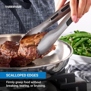 Farberware Stainless Steel Kitchen Tongs 9 Inch Locking Heat Resistant Ergonomic Handle Scalloped Tips Durable Dishwasher Safe Cooking and Serving Tool