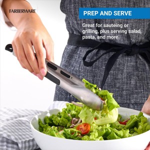 Farberware Stainless Steel Kitchen Tongs 9 Inch Locking Heat Resistant Ergonomic Handle Scalloped Tips Durable Dishwasher Safe Cooking and Serving Tool
